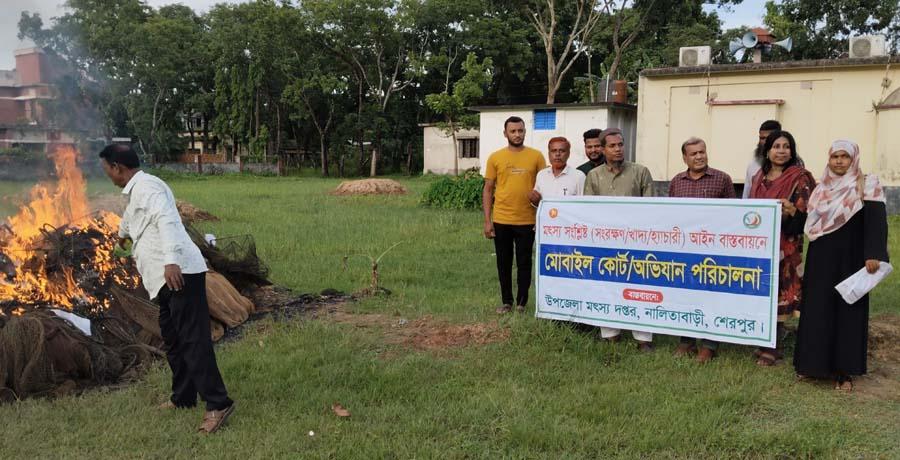 নালিতাবাড়ীতে বিপুল পরিমাণ অবৈধ জাল জব্দ, আগুনে পুড়িয়ে ধ্বংস